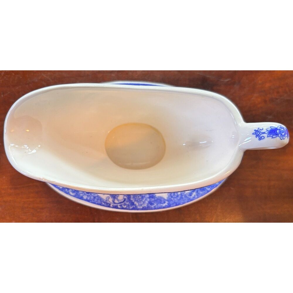 Antique Blue Willow Gravy Boat with Attached Base